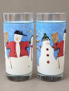 Debbie Mumm Snowman Highball Glasses Set of 2 Sakura Oneida Vintage